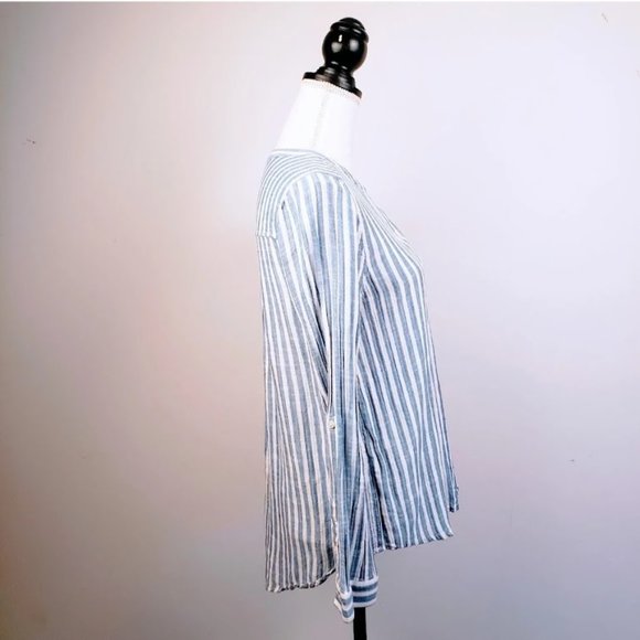 LUCKY BRAND Button Down Top, Blue White Linen Striped Long Sleeve Casual Boho, S - Picture 4 of 12